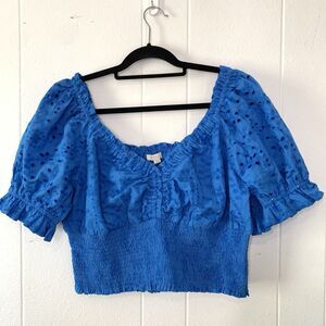 Jennifer Grace Womens XL Crop Top Eyelet Peasant Puff Sleeve Blue Cottagecore